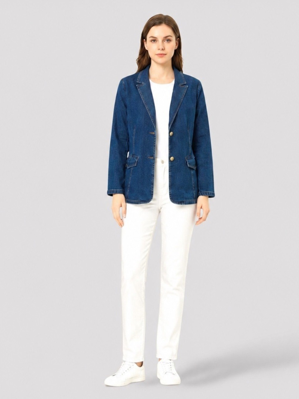 ALLEGRA K Cotton Blend Two Button Denim Blazer Front Flap Pockets US Sz XL